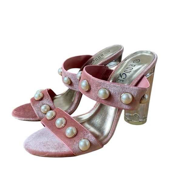 Rouge New Upright Pearl Pink Mauve Velvet Clear Block Heels 7.5 NWT - Picture 3 of 11